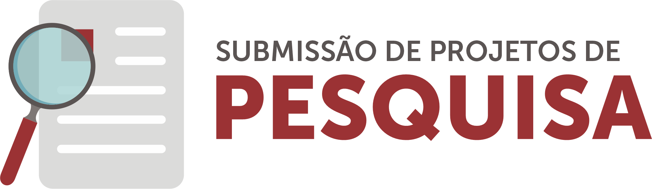 Texto "SUBMISSÃO DE PROJETOS DE PESQUISA" com uma página escrita e uma lupa sobre ela.